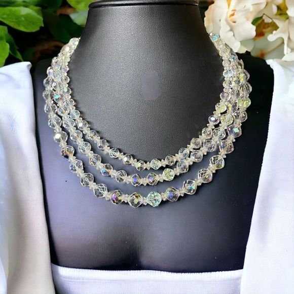 Vintage Triple Strand AB Crystal Beaded Necklace Stunning Art Deco Style Clasp - Picture 1 of 10